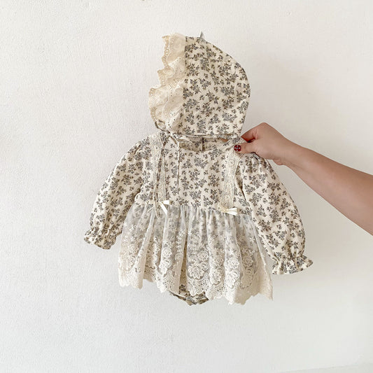 Vestido Vintage Floral con Gorro – 2 piezas