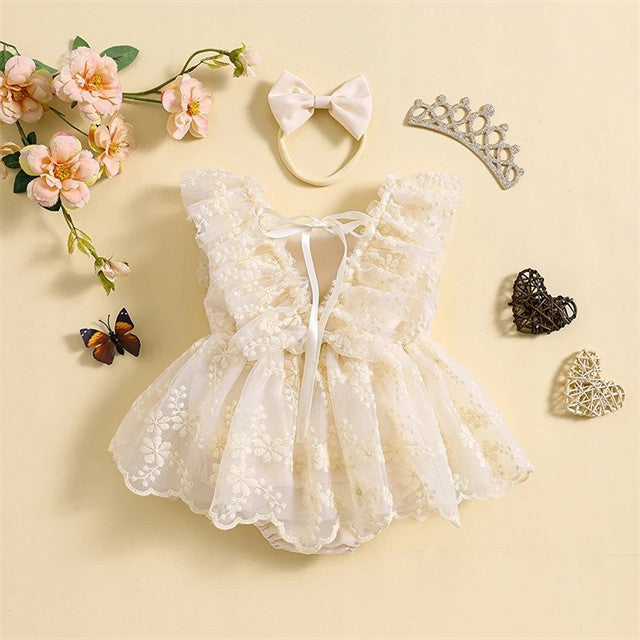 Body Vestido de Encaje Floral Marfil – Incluye Vincha