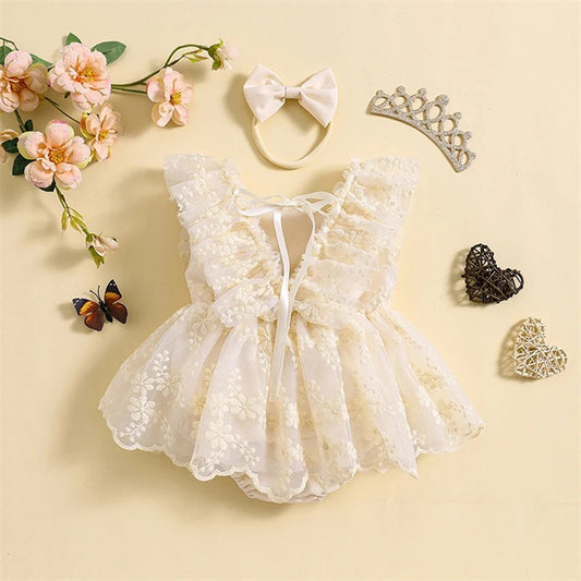 Body Vestido de Encaje Floral Marfil – Incluye Vincha