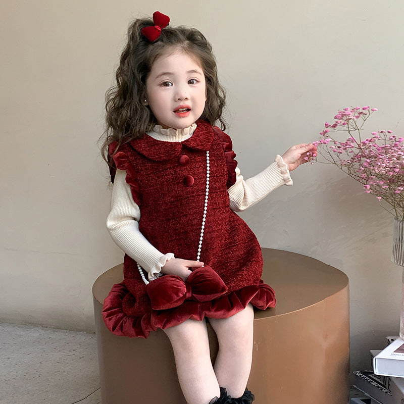 Vestido Burdeos con Volantes y Bolso de Lazo – Estilo Clásico para Niña