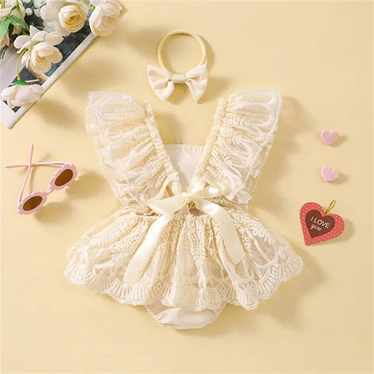 Enterizo de Encaje con Rosas y Vincha – Modelo Cream Rose