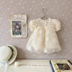 Vestido de Tul Bordado Color Marfil con Mangas Abullonadas