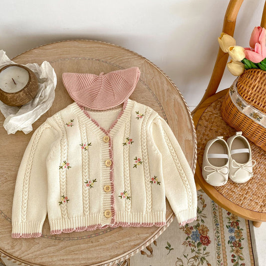 Cárdigan Tejido Color Crema con Bordado Floral y Ribete Rosa