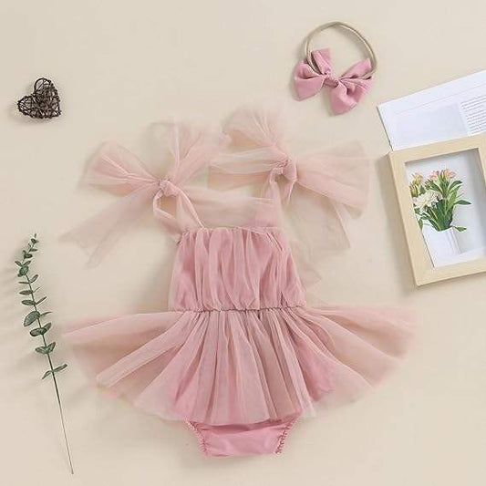 Vestido Rosa con Mangas de Tul y Moño – Magia en Sueños y Momentos Especiales