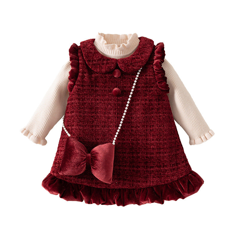 Vestido Burdeos con Volantes y Bolso de Lazo – Estilo Clásico para Niña