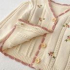 Cárdigan Tejido Color Crema con Bordado Floral y Ribete Rosa