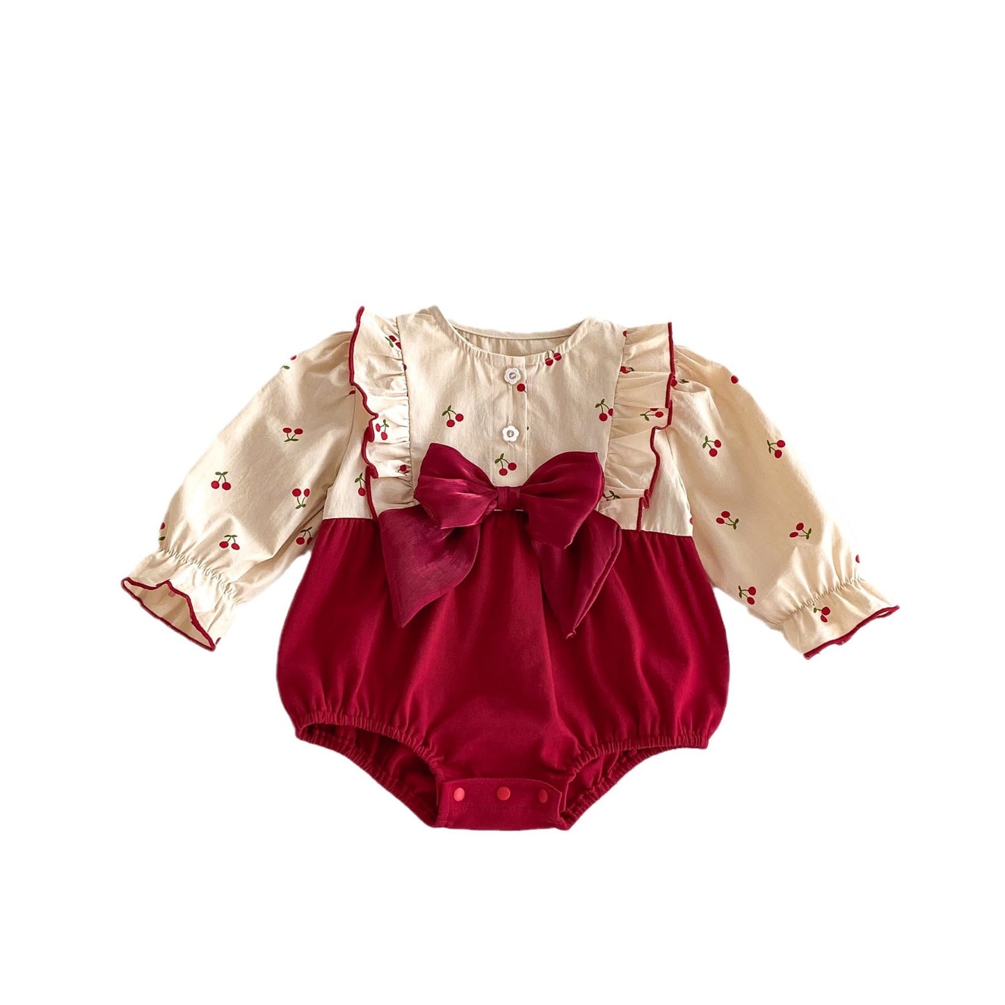 Enterizo con Moño Rojo y Estampado de Cerezas – Estilo Festivo para Bebé Niña