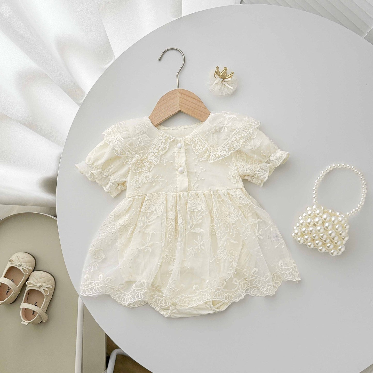 Romper Vestido Ivory Encaje Floral – Manga Abullonada