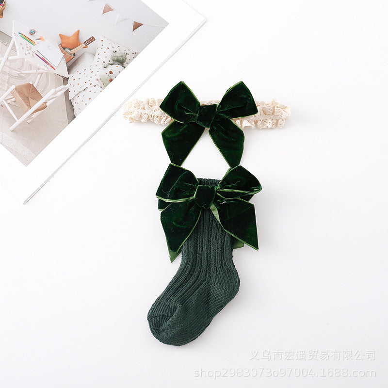 Set Medias y Vincha con Lazo Verde Terciopelo – Colección Dulce Navidad 🎄💫