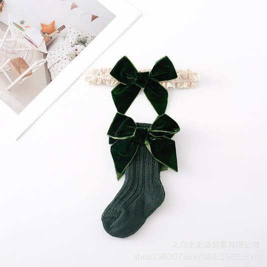 Set Medias y Vincha con Lazo Verde Terciopelo – Colección Dulce Navidad 🎄💫