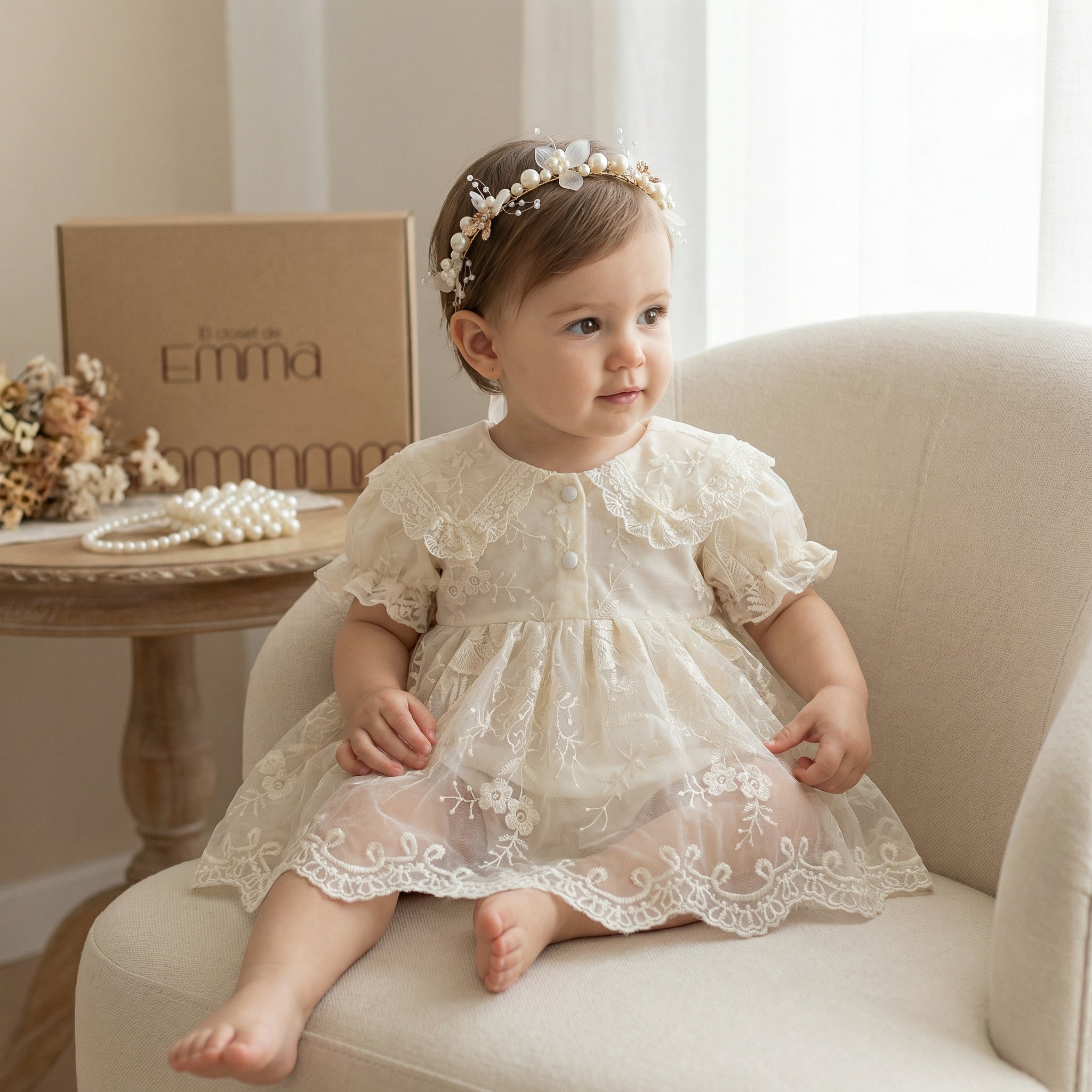 Romper Vestido Ivory Encaje Floral – Manga Abullonada Imagen principal del producto
